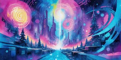 The primary subject of the image is a futuristic cityscape with a large, colorful, and illuminated spacecraft hovering above the city. The setting is a nighttime cityscape with a purple and blue color scheme, giving the scene a vibrant and surreal atmosphere. The visual style is a digital art or illustration, showcasing the artist's creativity and imagination. The colors and mood of the image evoke a sense of wonder and excitement, as the spacecraft appears to be